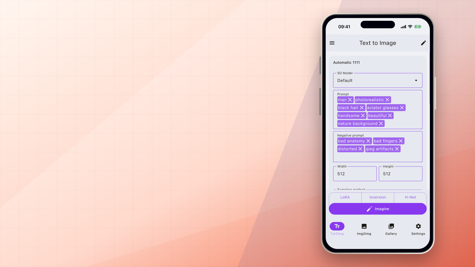 SDAI tagged prompt controls with positive and negative prompt chips on an iPhone