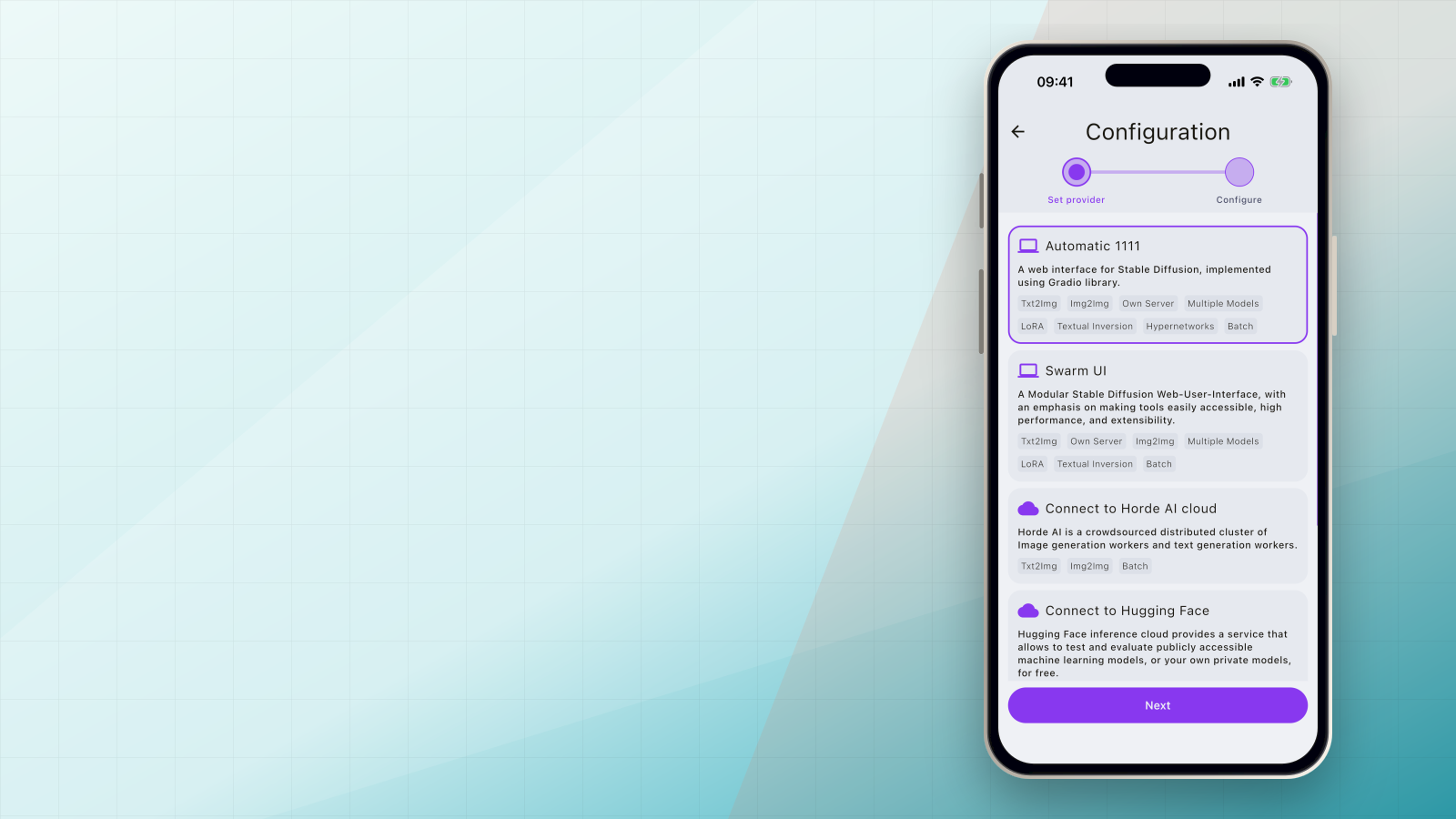 SDAI provider selection with Automatic1111, SwarmUI, AI Horde, and Hugging Face on an iPhone