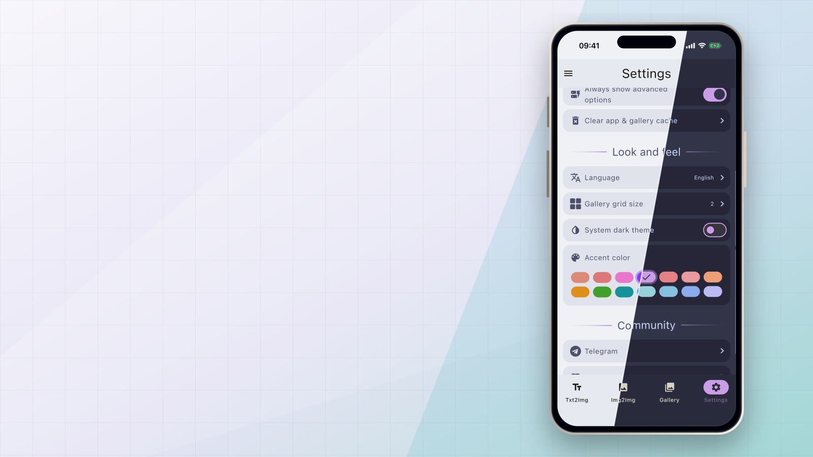SDAI look and feel settings with light and dark theme options on an iPhone