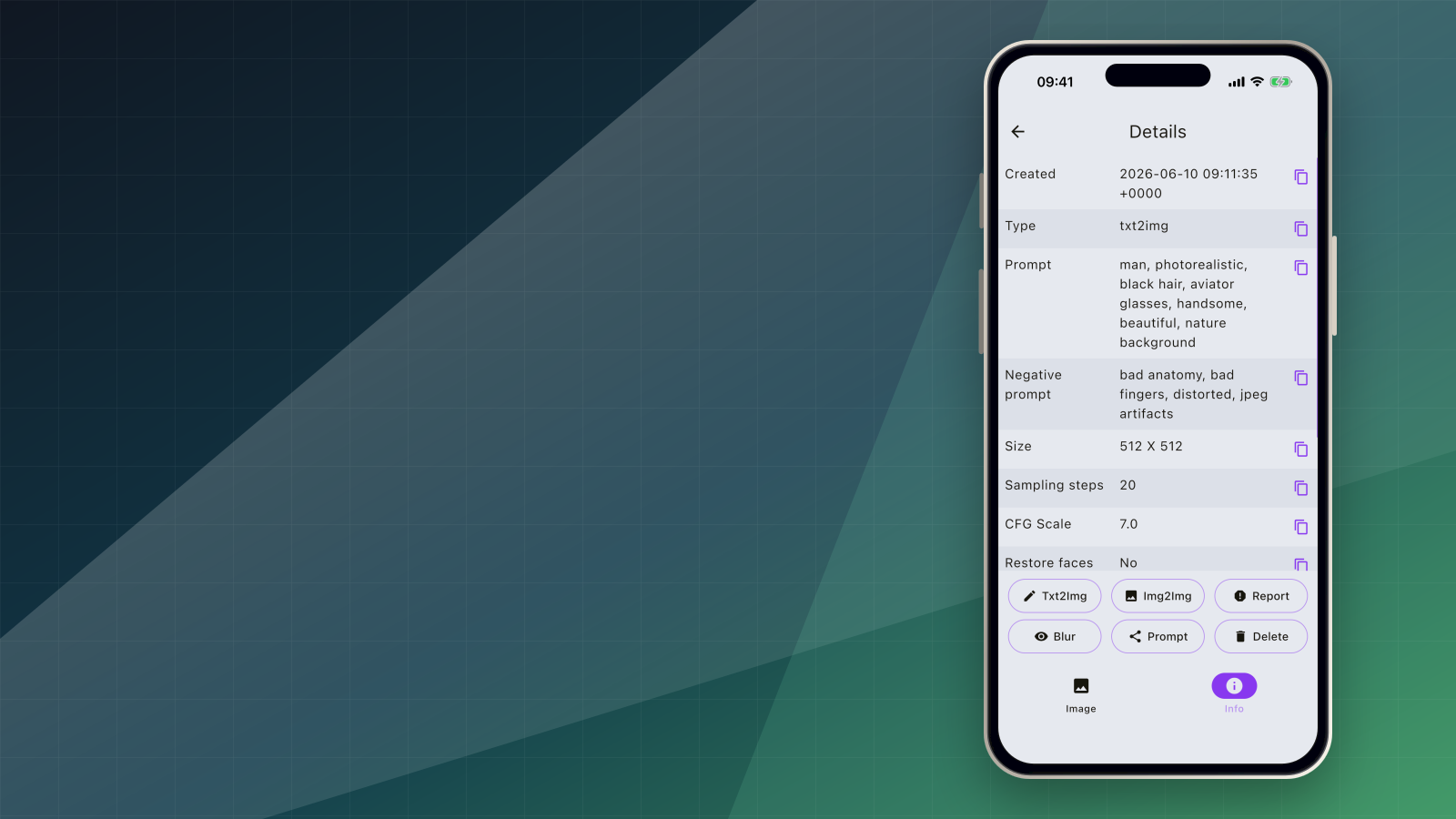 SDAI generation detail screen with generated image parameters on an iPhone